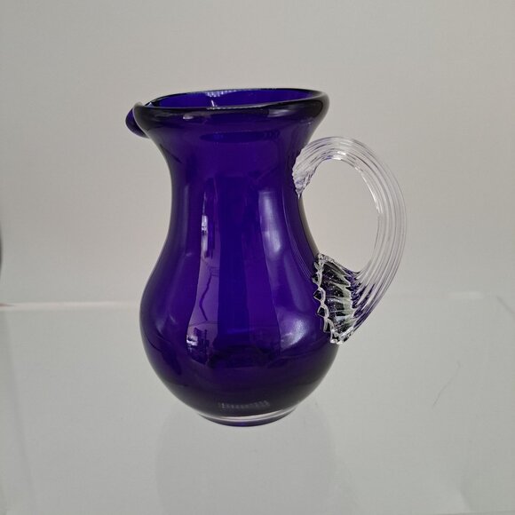 Pilgrim Glass Cobalt Blue Pitcher Clear Ribbed Applied Handle Vintage - Picture 1 of 10